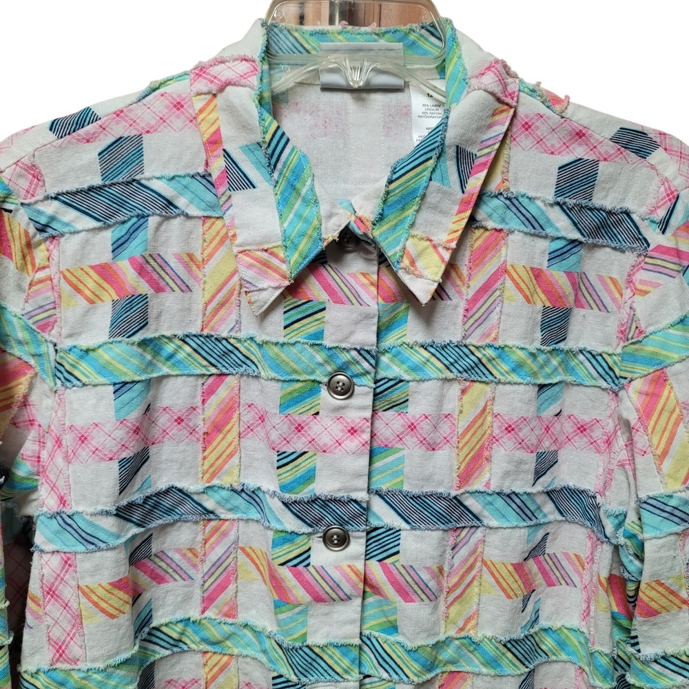 Women Linen Blend 12 Patchwork Shacket Lng Sleeves Button Down Coastal Cottage - Picture 5 of 10